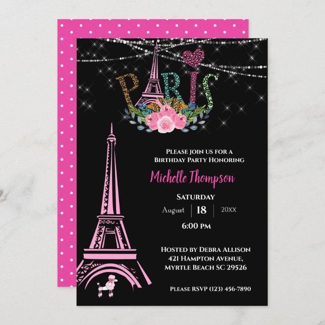 Convite Eiffel Tower Floral Paris França Aniversário (Frente/Verso)