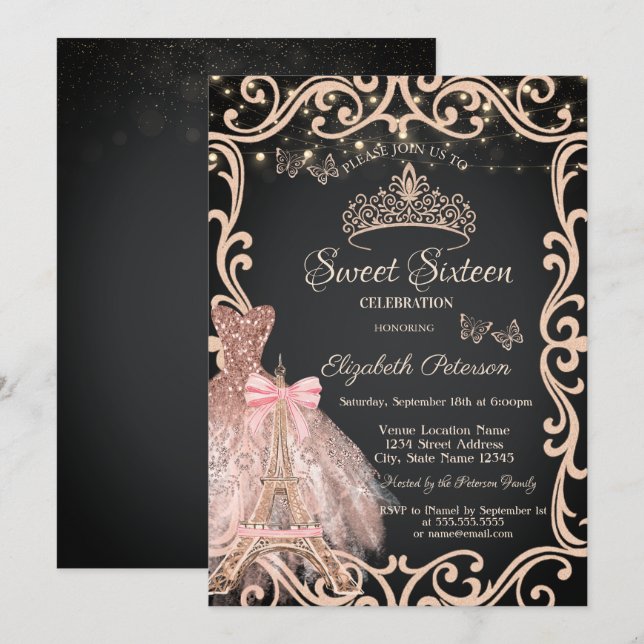 Convite Eiffel Tower Frame Dress Glitter Butterfly  (Frente/Verso)