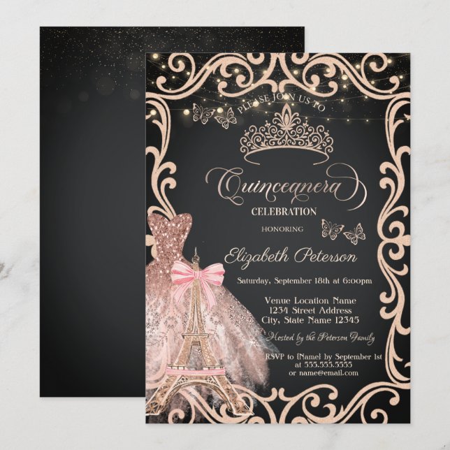 Convite Eiffel Tower Frame Dress Glitter Butterfly  (Frente/Verso)