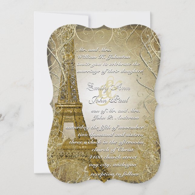 Convite Eiffel Tower Gold Swirl Leaves Burnt Gold Metallic (Frente)