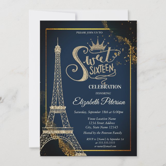 Convite Eiffel Tower Navy Gold Blue Sweet 16 (Frente)