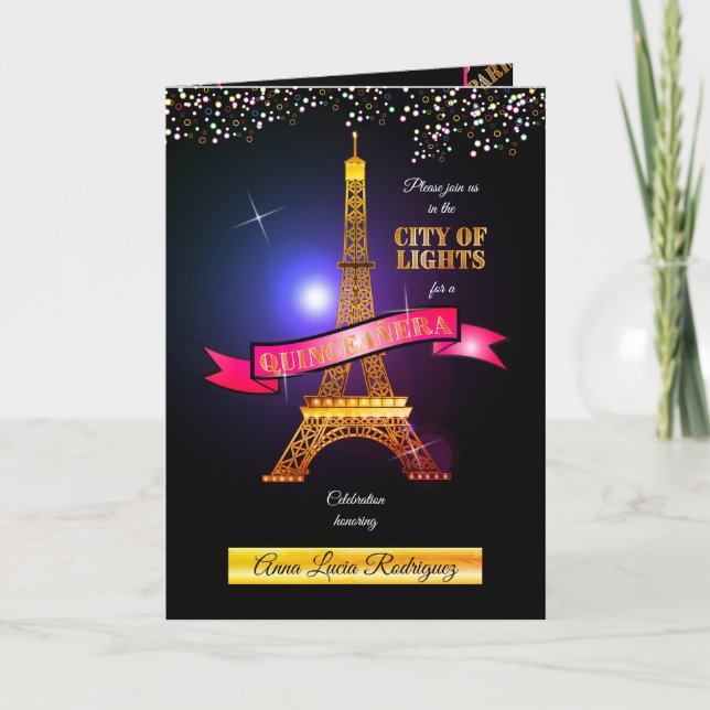 Convite Eiffel Tower Paris City of Lights Quinceañera (Frente)