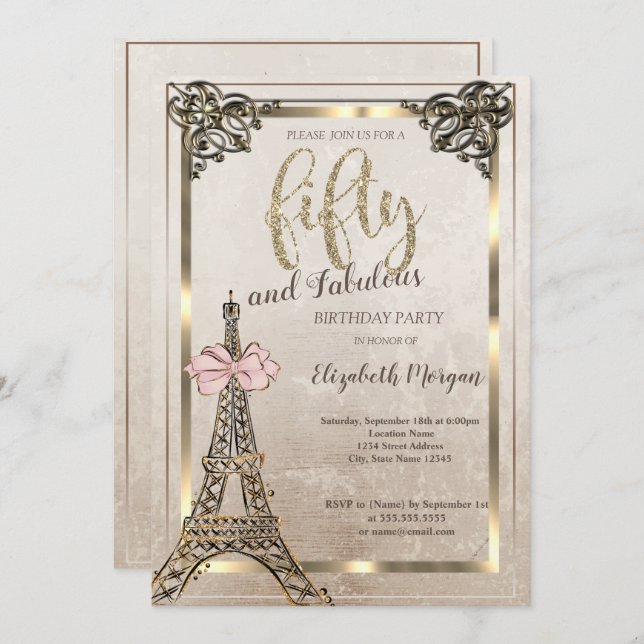 Convite Eiffel Tower,Pink Bow Border 50th Birthday Party  (Frente/Verso)