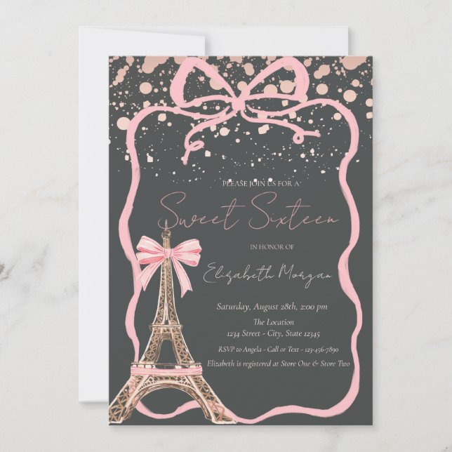 Convite Eiffel Tower Pink Bow Dots Gray Sweet 16 (Frente)