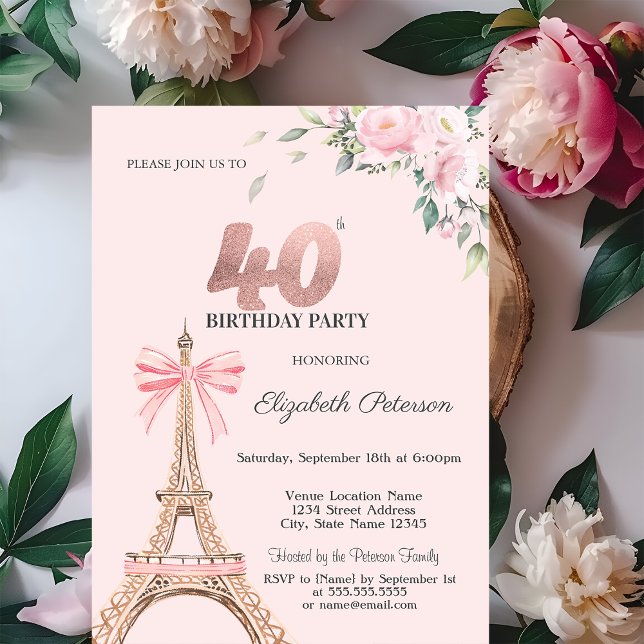 Convite Eiffel Tower Pink Bow Flowers 40th Birthday (Criador carregado)