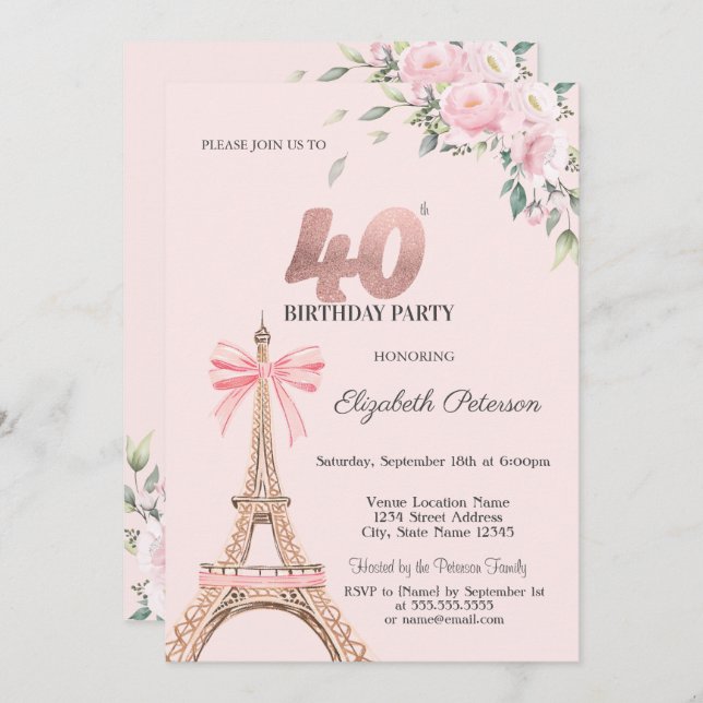 Convite Eiffel Tower Pink Bow Flowers 40th Birthday (Frente/Verso)