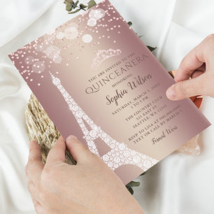 Convite Eiffel Tower Rosa Dourado Sparkle Glitter Quinceañ