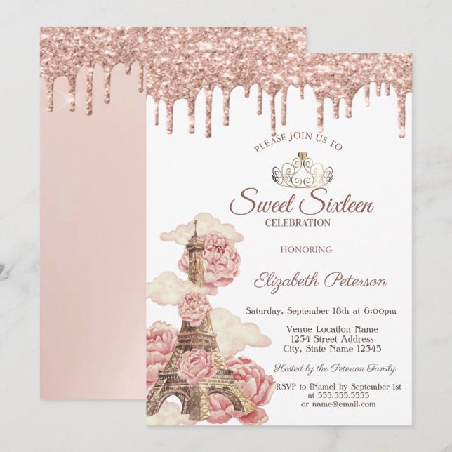 Convite Eiffel Tower  Rose Gold Glitter Drips Sweet 16 (Frente/Verso)