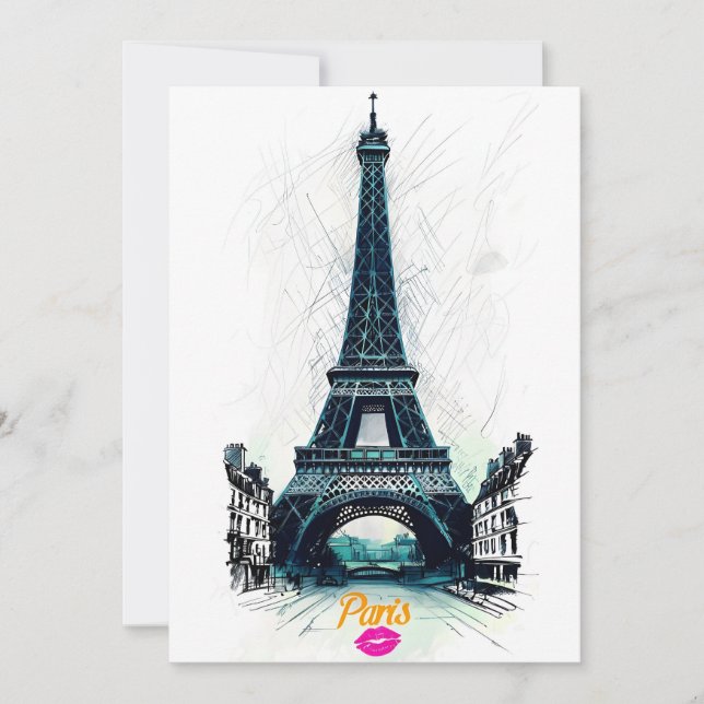 Convite Eiffel Tower Sketch Print, Line Drawing, Paris (Frente)