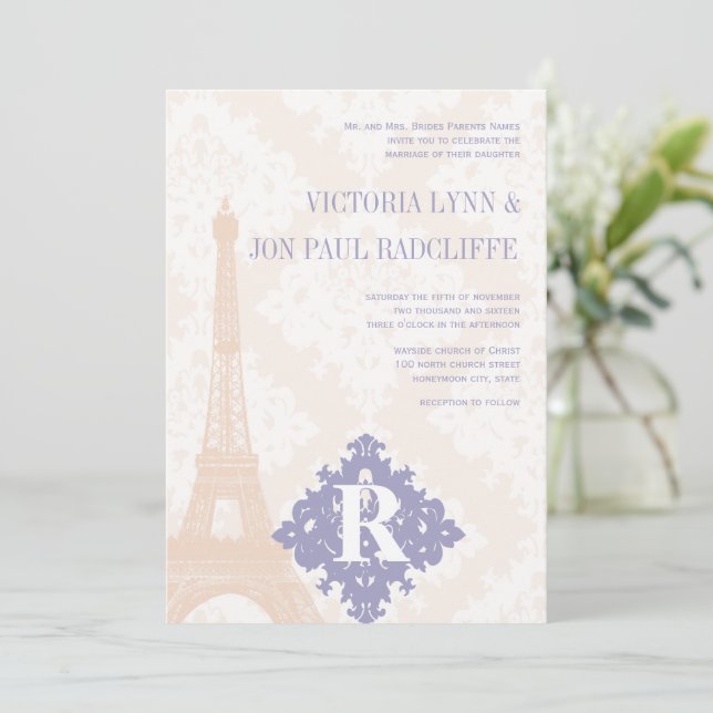 Convite Eiffel Tower Vintage Damask Silver Peony Lavender (Em pé/Frente)