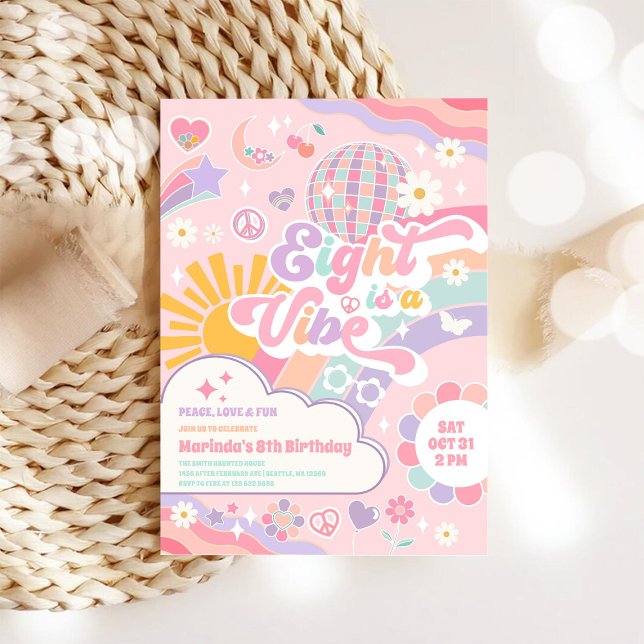 Convite Eight Is A Vibe Disco Rainbow Sun 8th Birthday (Criador carregado)