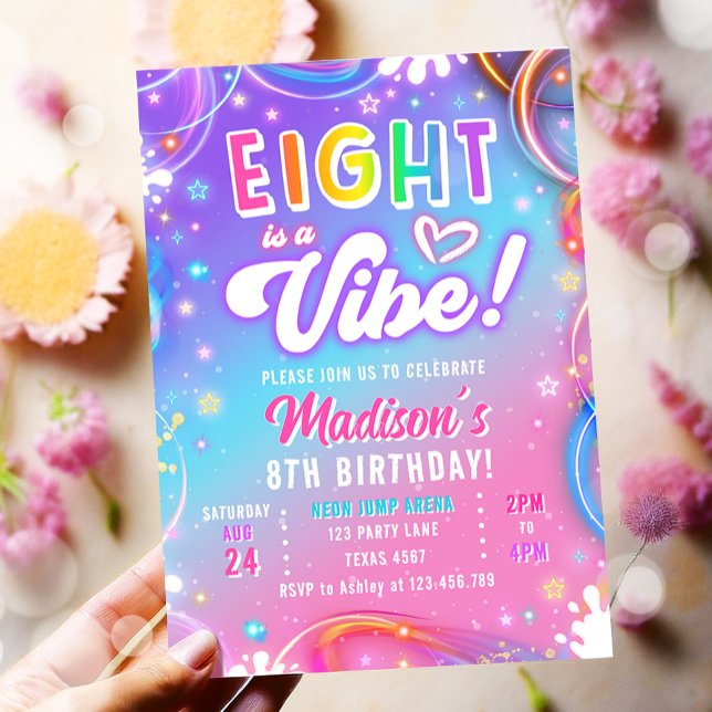 Convite Eight is a Vibe Retro Groovy Neon Girl Birthday (Criador carregado)