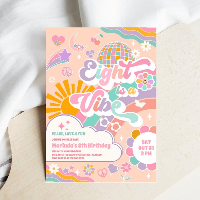 Convite Eight Is A Vibe Sun Rainbow Disco 8th Birthday  (Criador carregado)