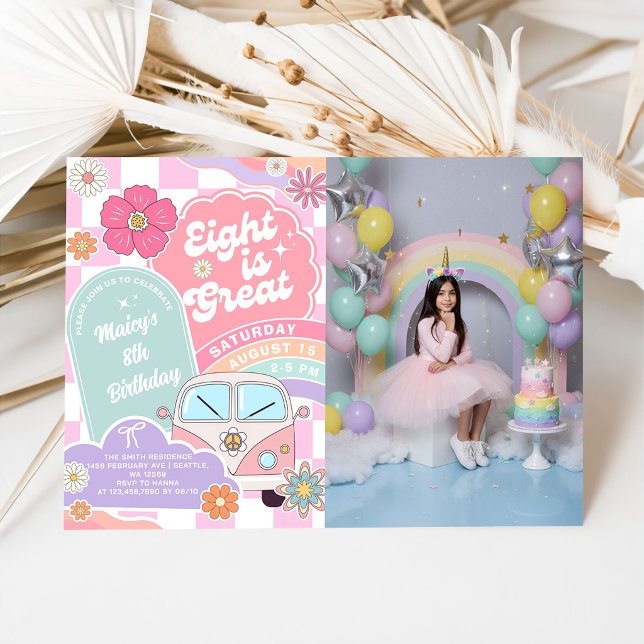 Convite  Eight is Great Rainbow Daisy Birthday (Criador carregado)