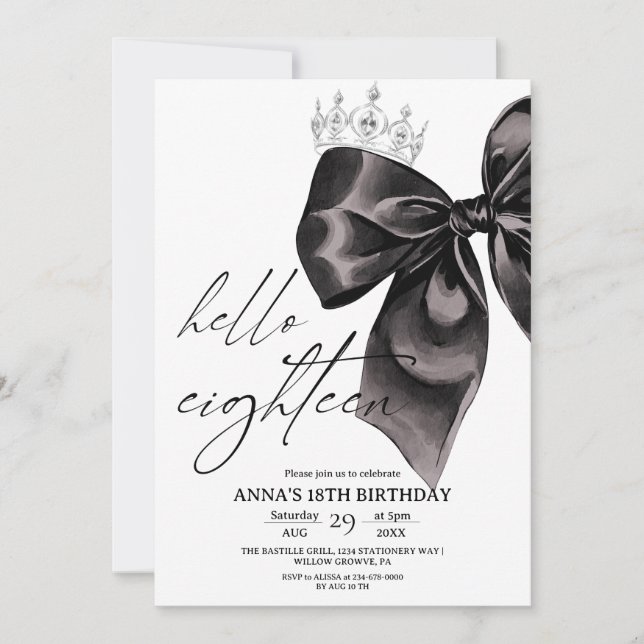 Convite Eighteen Black Bow 18th Birthday Invitation (Frente)