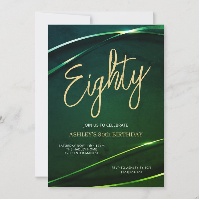 Convite Eighty Emerald Green and Gold 80th Birthday (Frente)