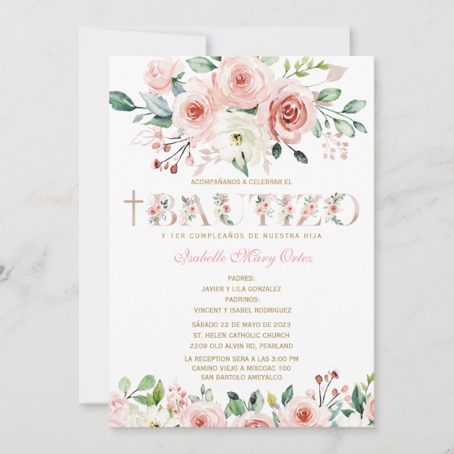 Convite El Bautizo y Primer Añito invitación de nuestra hi (Frente)