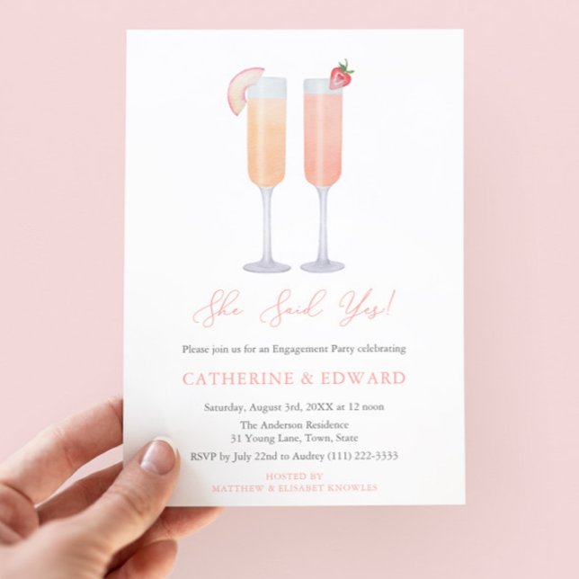 Convite Ela Disse Sim Festa de noivado Hora Do Coquetel (She Said Yes! Pretty watercolor bellini cocktails engagement party invitation in peach & strawberry)