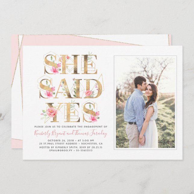 Convite Ela Disse Sim Foto De Festa de noivado Elegante Fl (Frente/Verso)