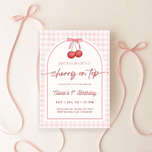 Convite Ela é a Cereja no Topo Gingham de 1º Aniversário