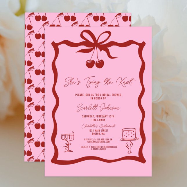 Convite Ela é Casando Arco de Cherry Red Chá de panela (Pink and Cherry Red She's Tying the Knot Bow Bridal Shower Invitations, Chic Trendy, Wavy, Cherries)