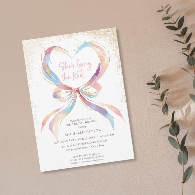 Convite Ela é Casando de Arco de Rosa Invita (pastel watercolor pink bow ribbon forming a heart shape with gold glitter details bridal shower invi)