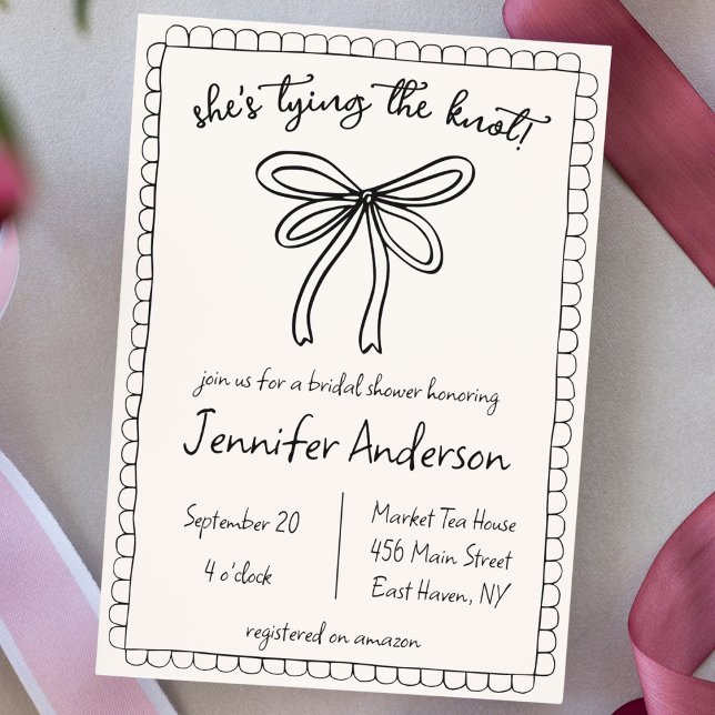 Convite Ela é casando e Chá de panela Arco Desenhado ("she's tying the knot" hand drawn doodle whimsical bridal shower invitation coquette bow scallop)