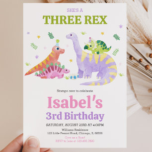 Convite Ela é um Aniversário de Dinossauro Três Rex Trex