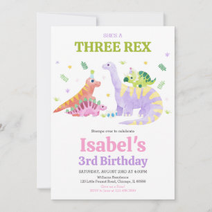 Convite Ela é um Aniversário de Dinossauro Três Rex Trex