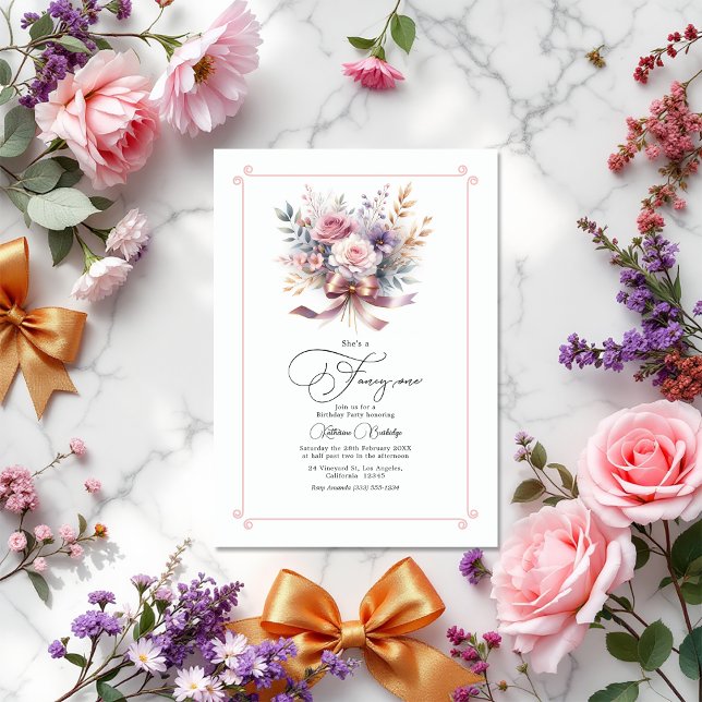 Convite "Ela é um Rico Um" Arco Festa de primeiro aniversa ("She's a Fancy One" Bow Floral 1st Birthday Party Invitation)