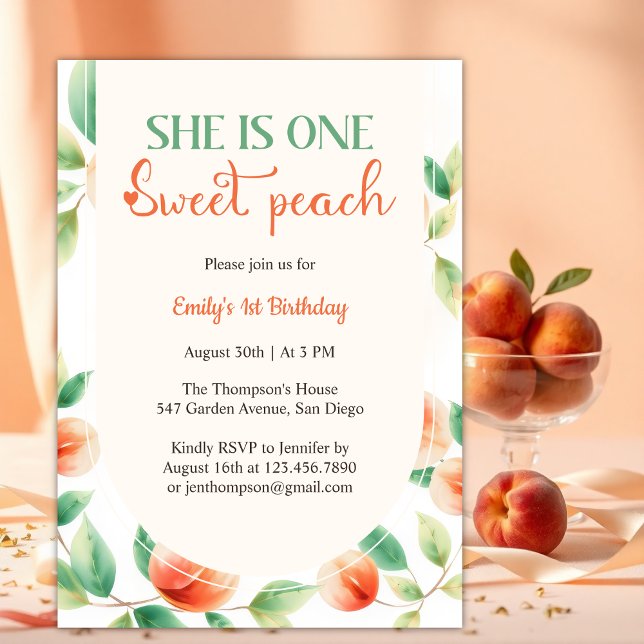 Convite Ela É Uma Menina Doce De Pessegueiro No Primeiro A (She Is One Sweet Peach First Birthday Party for Baby Girl Invitation)