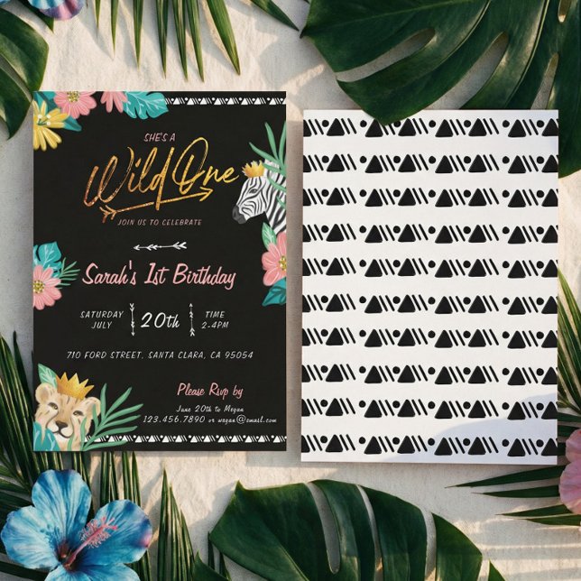 Convite Ela é uma selvagem tribal selvagem (She's A Wild One Tropical Jungle Tribal Birthday Invitation)