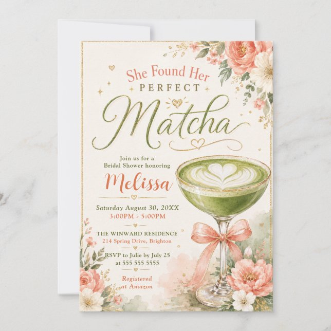 Convite Ela Encontrou Seu Chá de Noiva Temático de Matcha  (Frente)