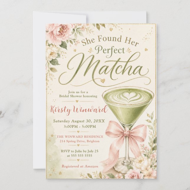 Convite Ela Encontrou Seu Chá de Noiva Temático de Matcha  (Frente)