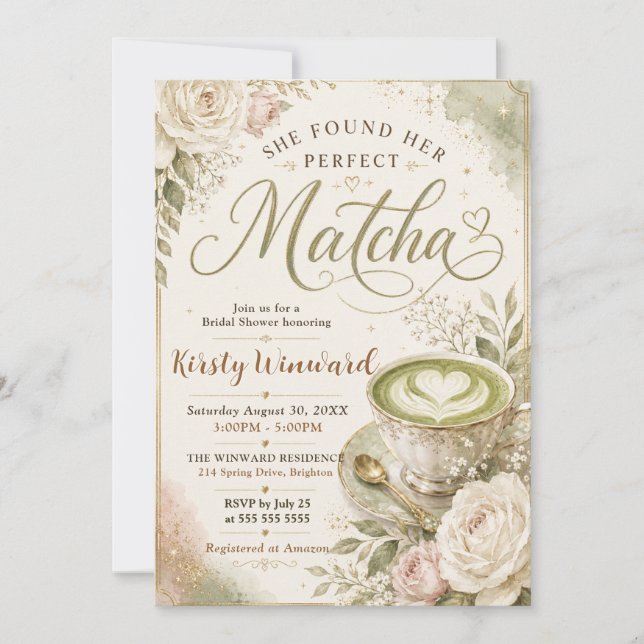Convite Ela Encontrou Seu Chá de Noiva Temático de Matcha  (Frente)