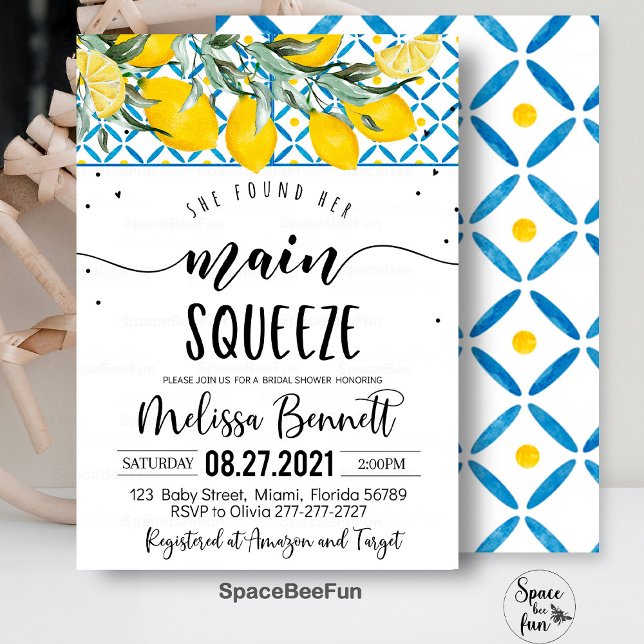 Convite Ela Encontrou Seu Chá de panela De Apertar Princip (She Found Her,Main Squeeze Bridal Shower,Invitation,Mediterranean,Lemon Blue Azulejo,Tiles Lemon,Bri)