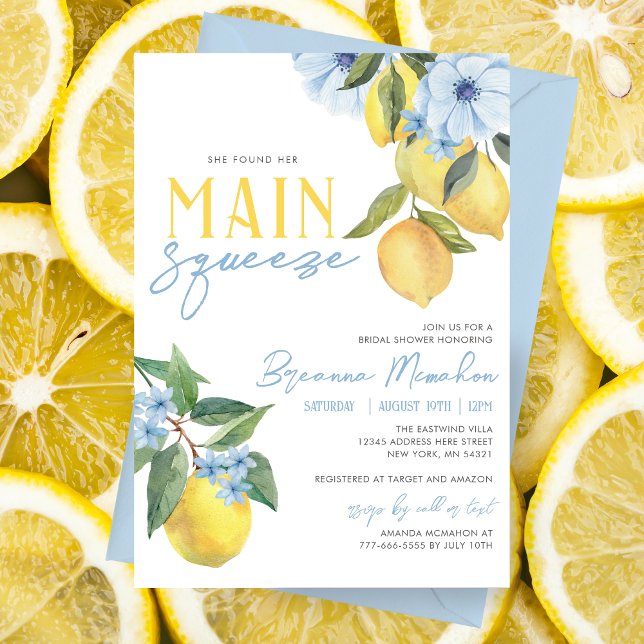Convite Ela Encontrou Seu Chá de panela De Limão De Aperte (Stunning Watercolor Lemon She Found Her Main Squeeze Bridal Invites. Featuring Blue Floral Flowers)