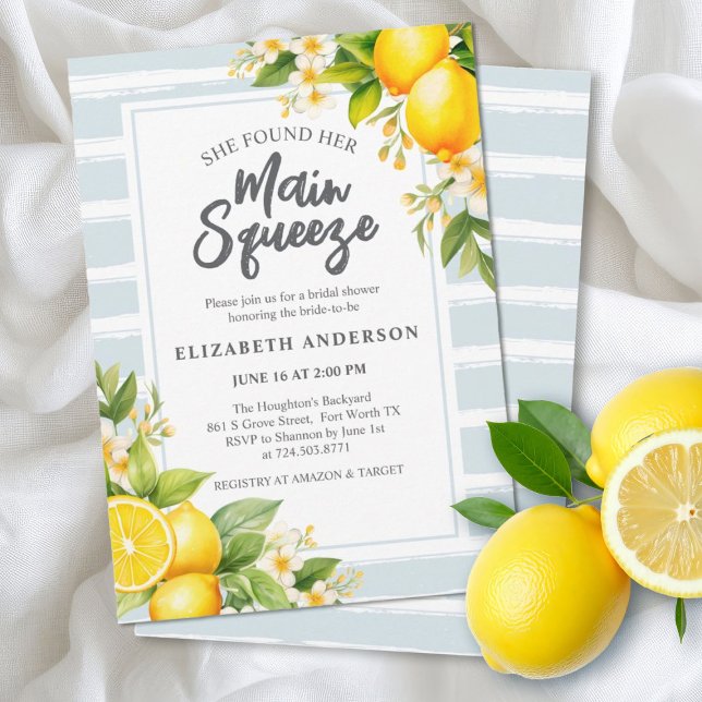 Convite Ela Encontrou Seu Chá de panela De Limão De Aperte (An elegant lemon themed main. squeeze bridal shower invitation.)