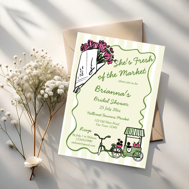 Convite Ela está fresca do chá de panela de mercado (She's fresh of the market bridal shower invitation card template handrawn wavy border sketch flowers)