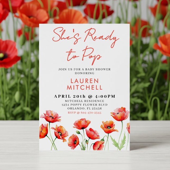 Convite Ela está pronta para o Chá de fraldas de Primavera (She's Ready to Pop Poppy Flower Floral Spring Baby Shower Invitation)
