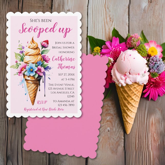 Convite Ela Foi Levada Sorvete Chá de Noiva (Flat lay she’s been scooped up ice cream bridal shower invitation with waffle cone ice cream scoops )
