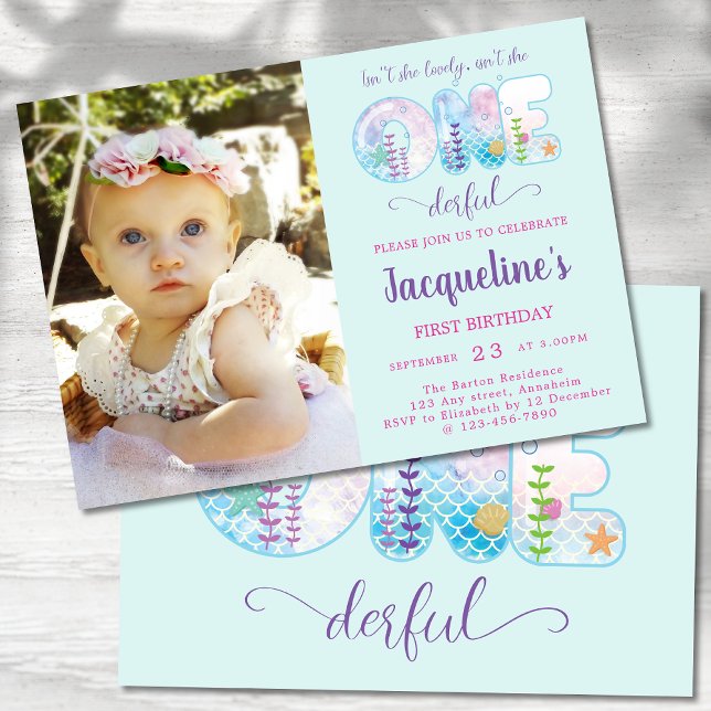 Convite Ela não é uma primeiro aniversario de garotas mara (Girls pretty first birthday party  invitations. Little miss onederful under the sea. Pale blue. )