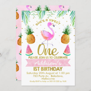 Convite Ela Tão Doce Flamingo Tropical Primeiro Aniversári