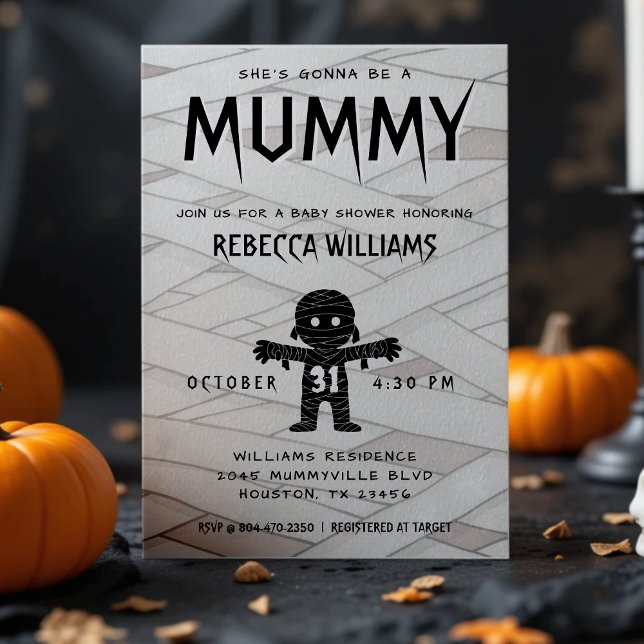 Convite Ela vai ser uma Chá de fraldas de Dia das Bruxas (She's Gonna Be a Mummy Halloween Baby Shower Invitation)