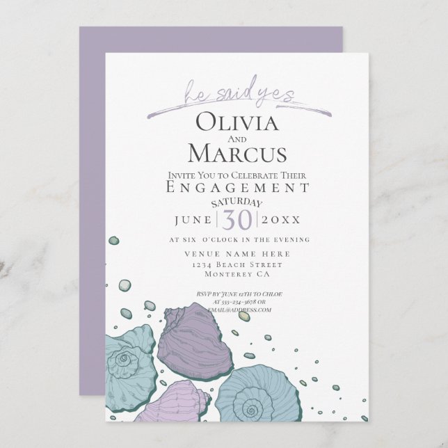 Convite Ele Disse Sim Noivado de Seashell Lilac Dusty Blue (Frente/Verso)