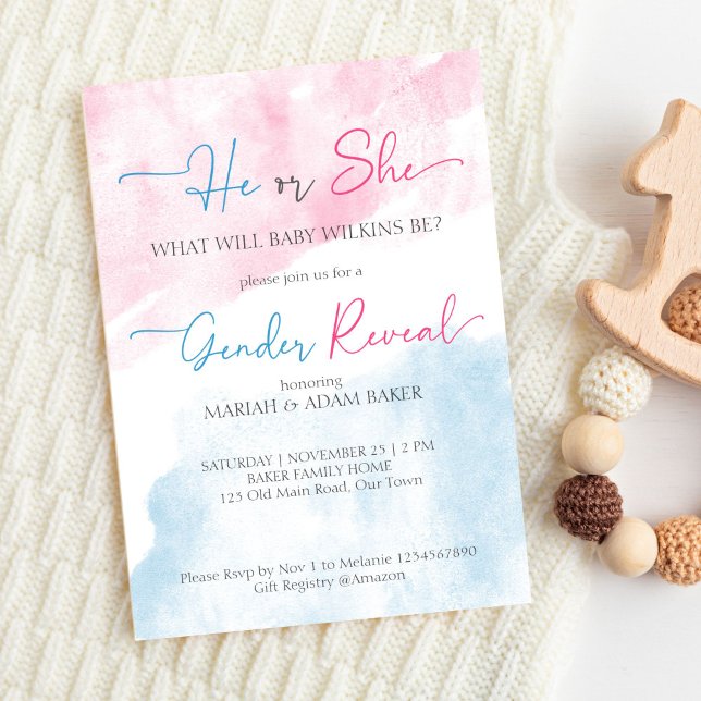 Convite Ele é rosa e o gênero azul revela modelo (He or she pink and blue gender reveal party editable template invitation digital download boy girl )