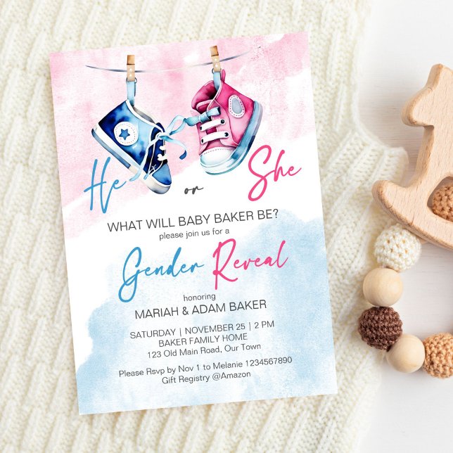 Convite Ele é rosa e o gênero azul revela modelo (He or she pink and blue baby shoes gender reveal party editable template invitation digital download)