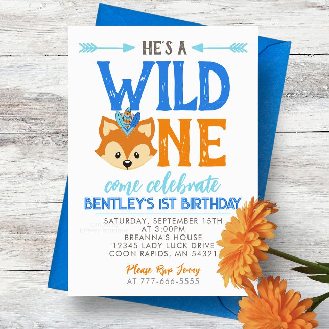Convite Ele é uma Festa de primeiro aniversario WILD ONE (He's a Wild One Tribal Fox 1st Birthday Invitations. Available printed or digital download)