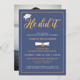 Convite Ele Formando O Boné Tassel Blue Graduation Photo