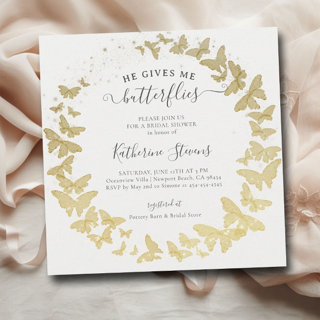 Convite Ele Me Dá Borboletas Chá de panela Dourado moderno (he gives me butterflies bridal shower invitation gold foil butterfly garden whimsical elegant modern)